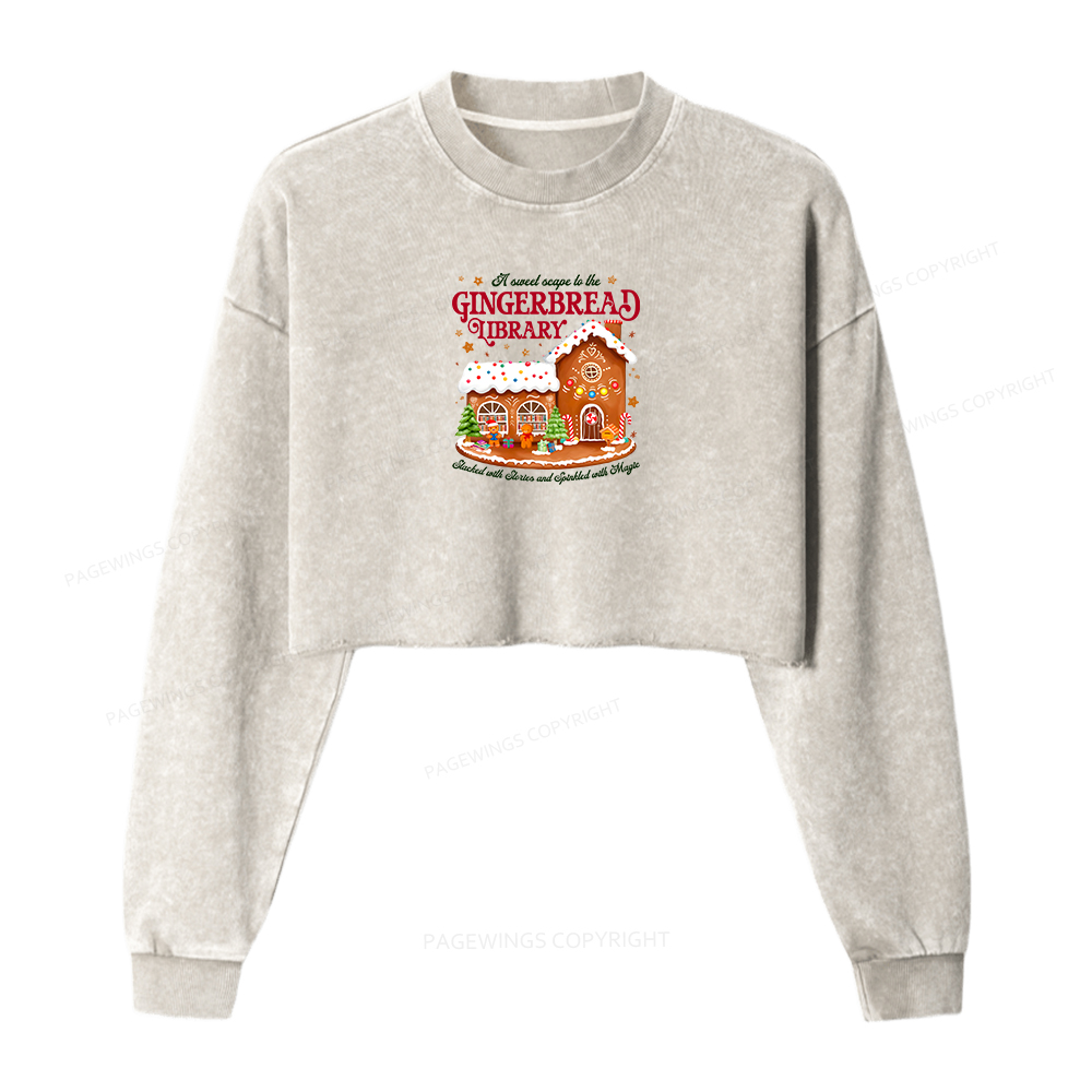 Pagewings Gingerbread Library Christmas Women Washed Crop Sweatshirt