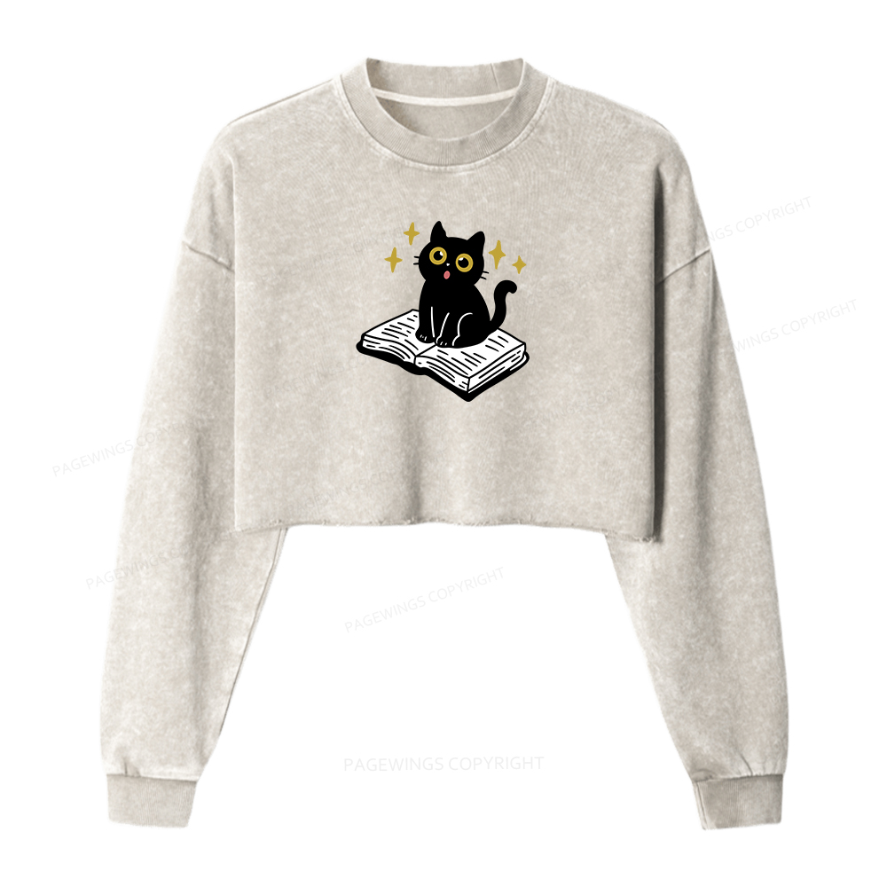 Pagewings Cat Book Women Washed Crop Sweatshirt