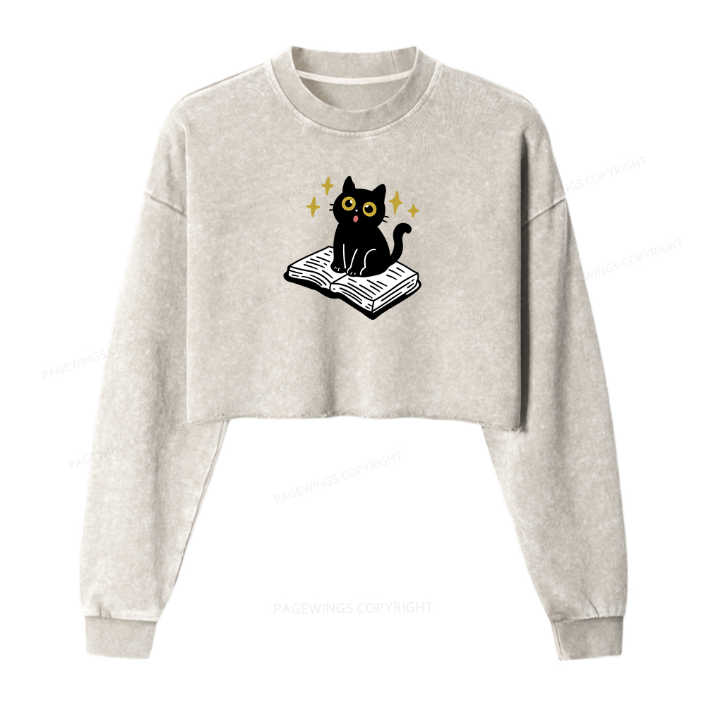 Pagewings Cat Book Women Washed Crop Sweatshirt