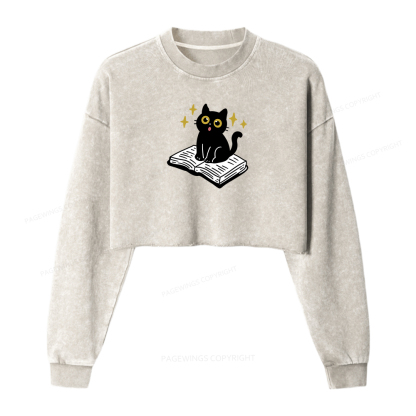 Pagewings Cat Book Women Washed Crop Sweatshirt