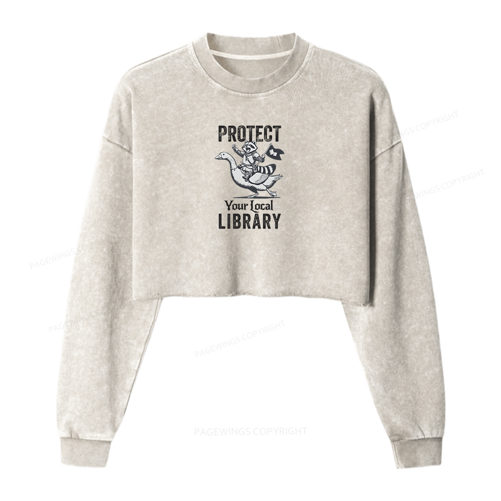 Pagewings Protect Your Local Library Women Washed Crop Sweatshirt