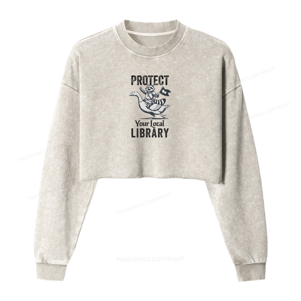 Pagewings Protect Your Local Library Women Washed Crop Sweatshirt