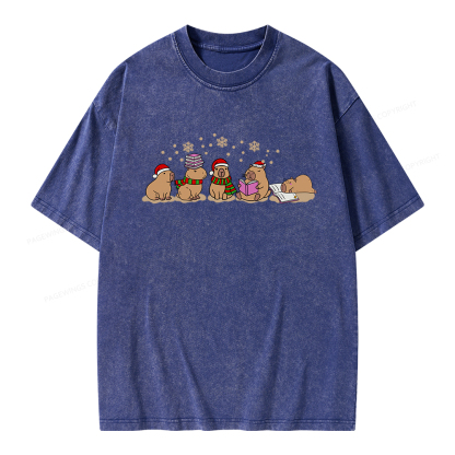 Pagewings Capybara Christmas Reading Unisex Washed T-shirt