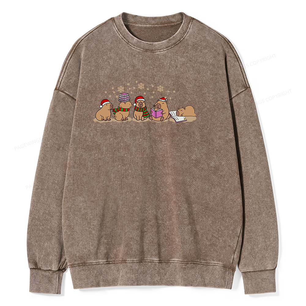 Pagewings Capybara Christmas Reading Unisex Washed Sweatshirt