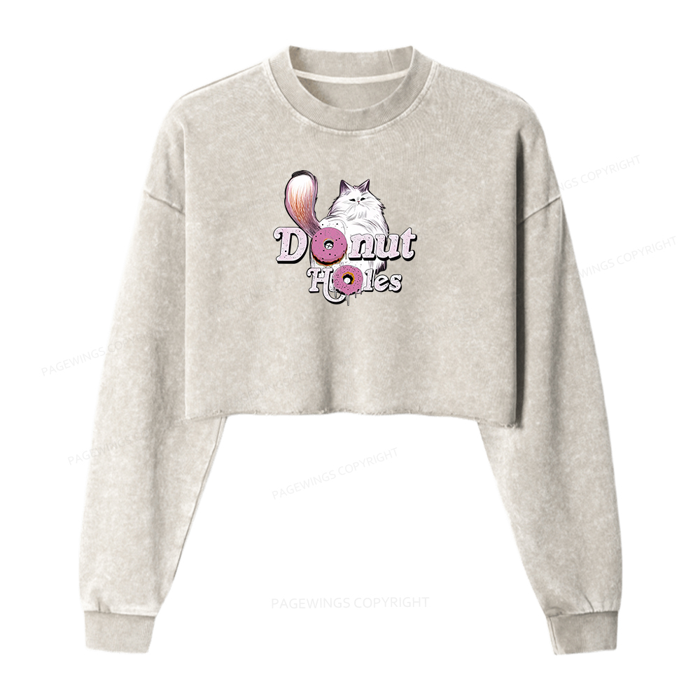 Pagewings Donut Cat Bookish Women Washed Crop Sweatshirt