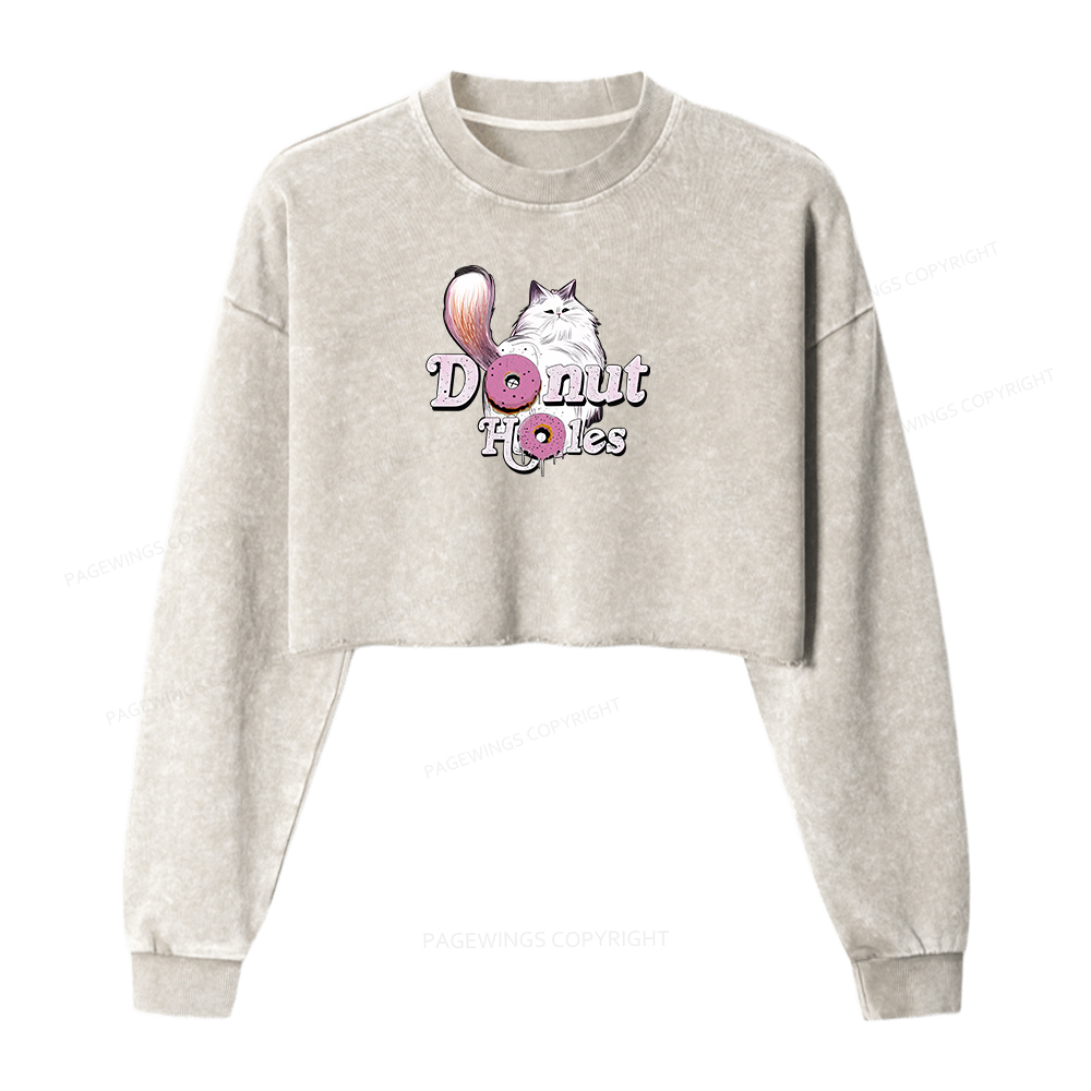 Pagewings Donut Cat Bookish Women Washed Crop Sweatshirt