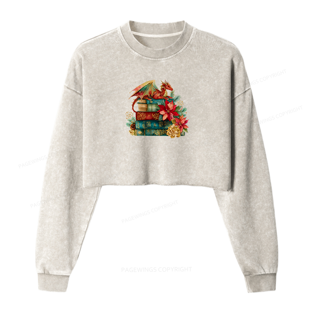 Pagewings Christmas Book Dragon Women Washed Crop Sweatshirt
