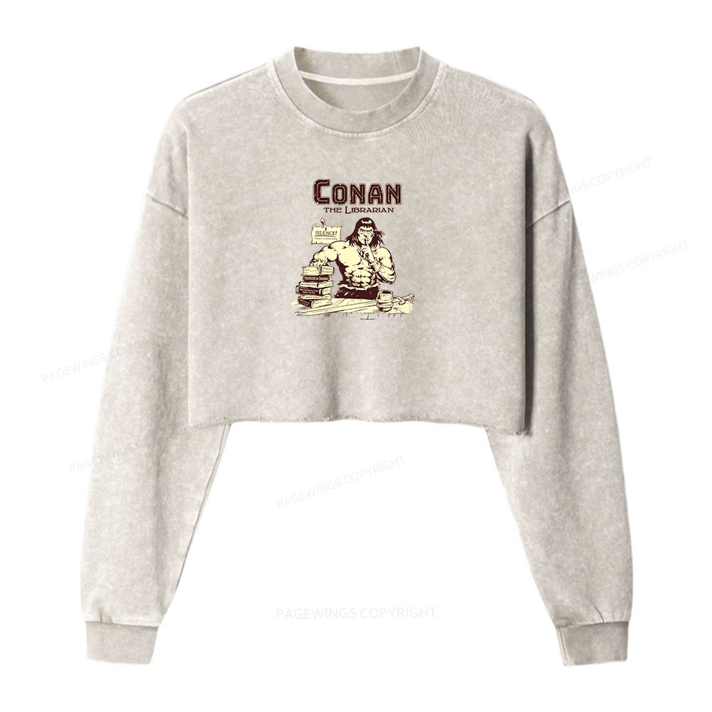 Pagewings Conan the Librarian Women Washed Crop Sweatshirt