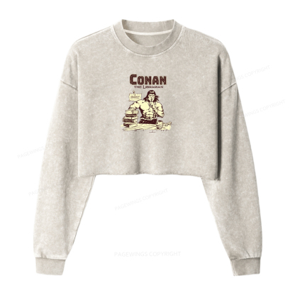 Pagewings Conan the Librarian Women Washed Crop Sweatshirt