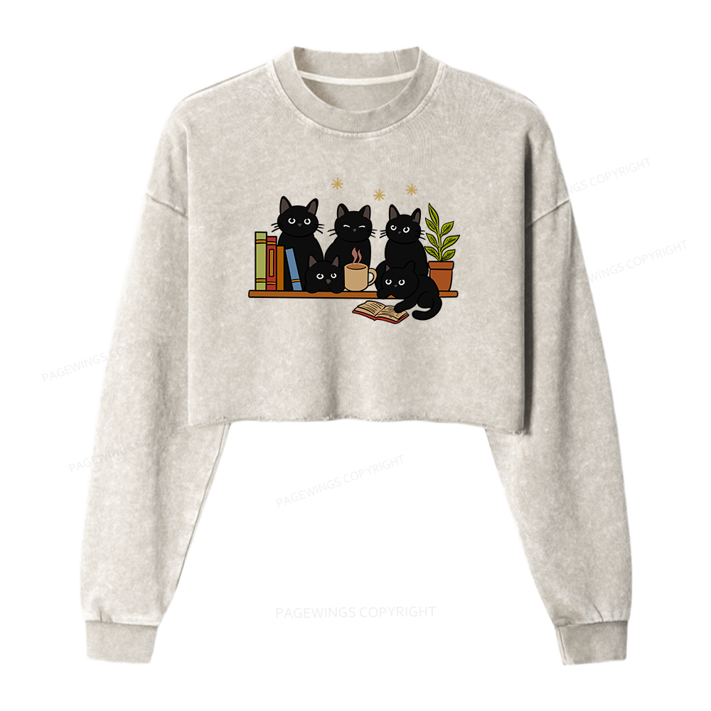 Pagewings Cat On Bookshelf Women Washed Crop Sweatshirt