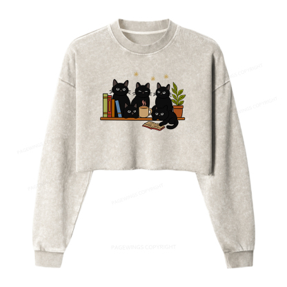 Pagewings Cat On Bookshelf Women Washed Crop Sweatshirt