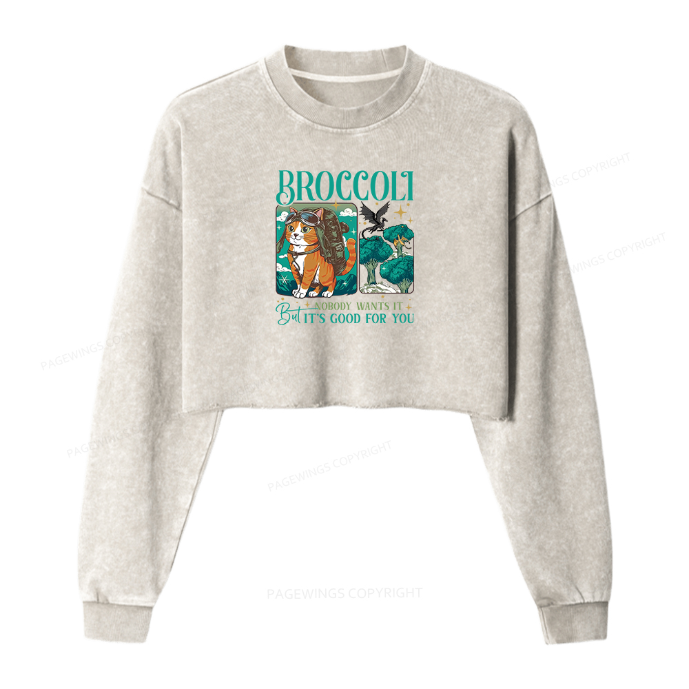 Pagewings Onyx Storm Broccoli Cat Women Washed Crop Sweatshirt
