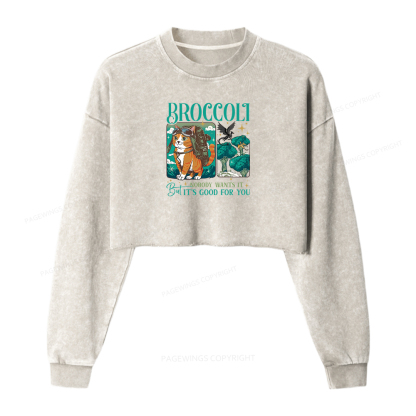 Pagewings Onyx Storm Broccoli Cat Women Washed Crop Sweatshirt
