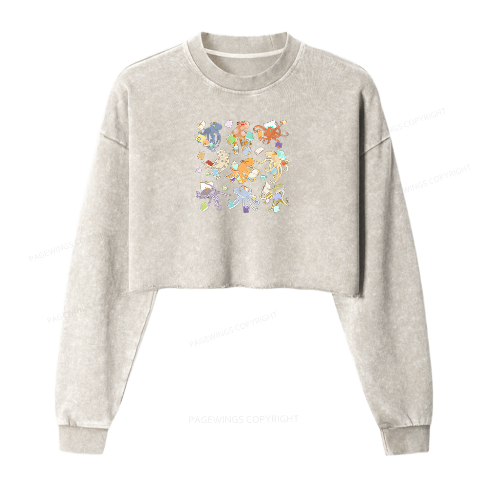 Pagewings Reading Octopuses Women Washed Crop Sweatshirt
