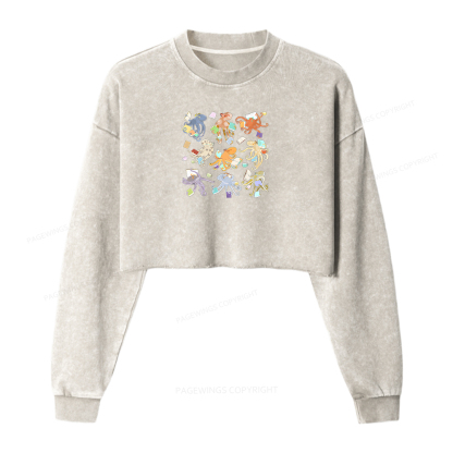 Pagewings Reading Octopuses Women Washed Crop Sweatshirt