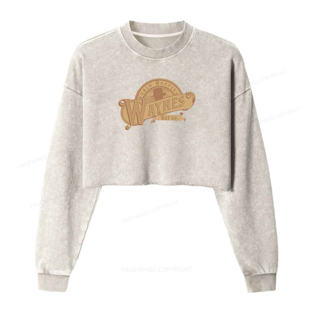 Pagewings World Hopping Waynes Hat Co Women Washed Crop Sweatshirt