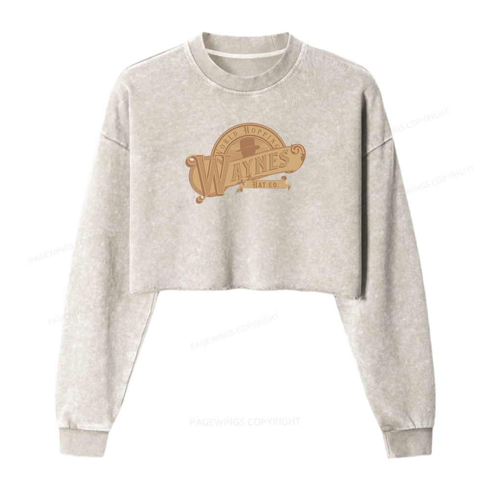 Pagewings World Hopping Waynes Hat Co Women Washed Crop Sweatshirt