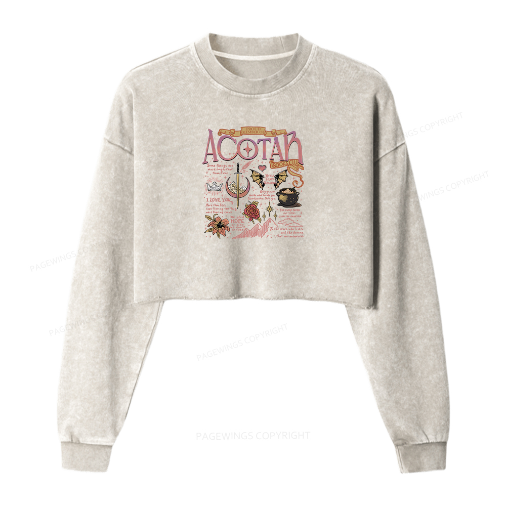 Pagewings Fantasy Book Women Washed Crop Sweatshirt