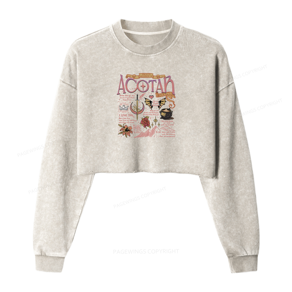 Pagewings Fantasy Book Women Washed Crop Sweatshirt