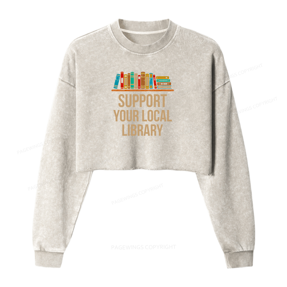 Pagewings Support Your Local Library Women Washed Crop Sweatshirt