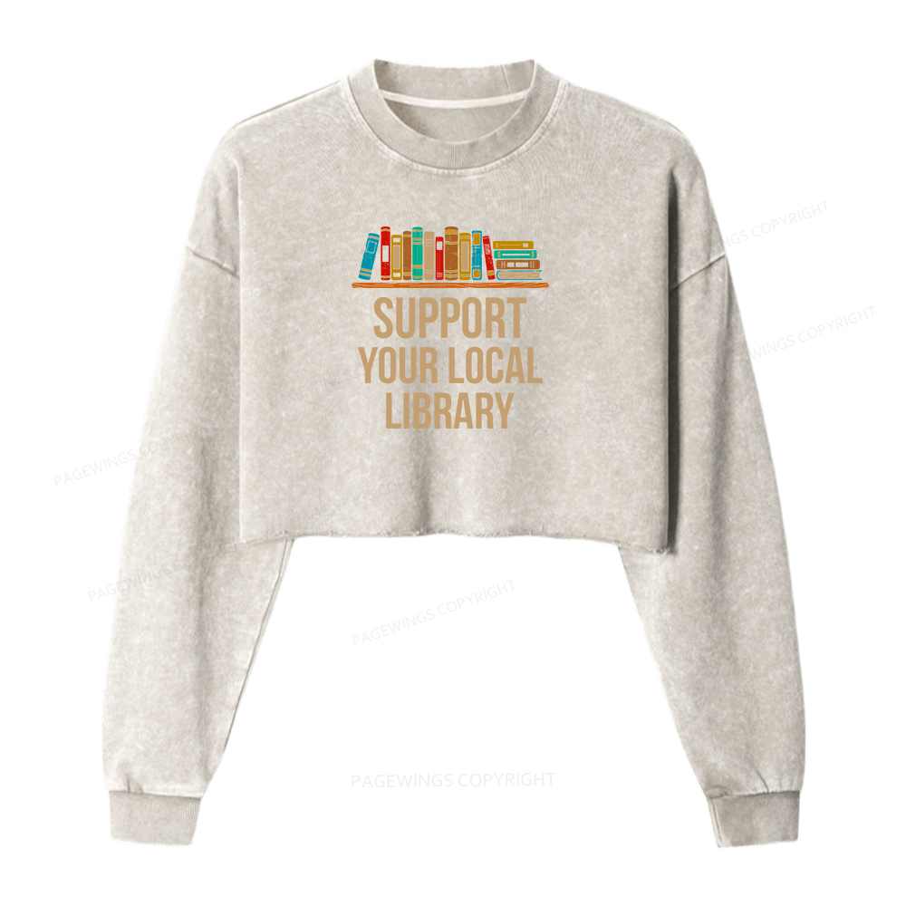 Pagewings Support Your Local Library Women Washed Crop Sweatshirt