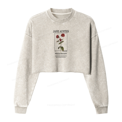 Pagewings Literary Floral Women Washed Crop Sweatshirt