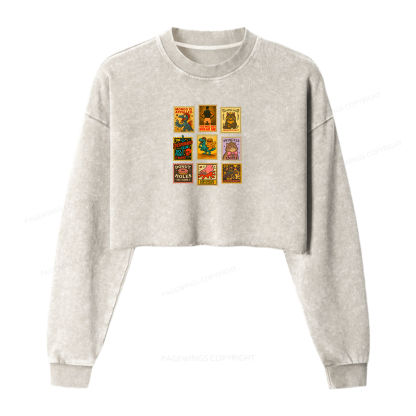 Pagewings Vintage Stamp Women Washed Crop Sweatshirt