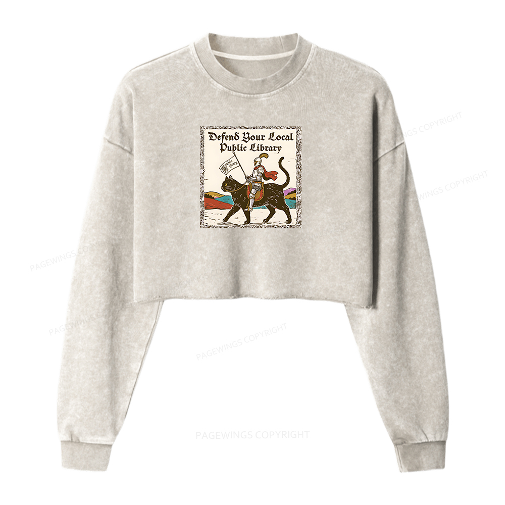 Pagewings Defend Your Local Public Library Women Washed Crop Sweatshirt