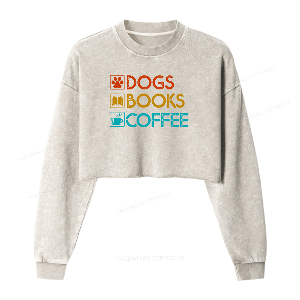 Pagewings Dogs Books Coffee Women Washed Crop Sweatshirt