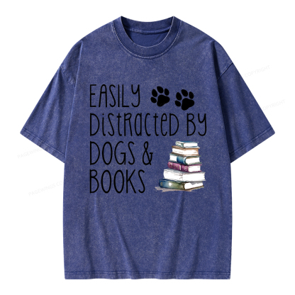 Pagewings Easily Distracted By Dogs And Books Unisex Washed T-shirt