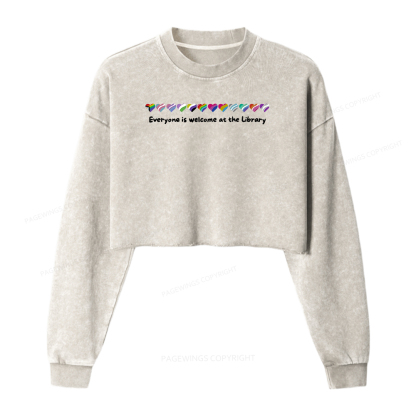 Pagewings Everyone Is Welcome At The Library Women Washed Crop Sweatshirt
