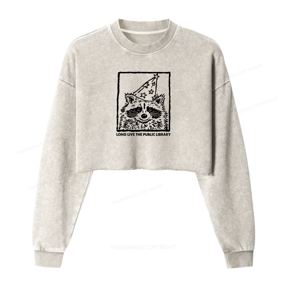 Pagewings Long Live The Public Library Women Washed Crop Sweatshirt