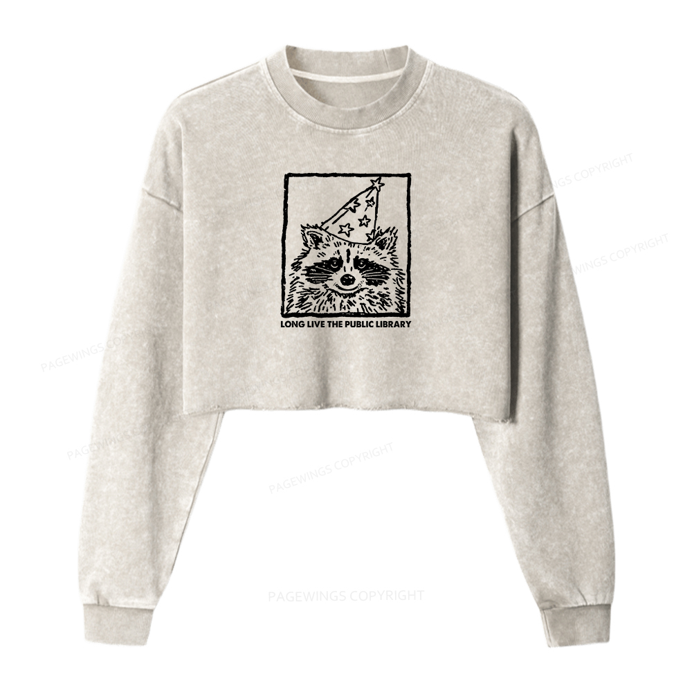 Pagewings Long Live The Public Library Women Washed Crop Sweatshirt