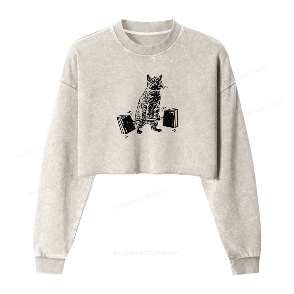 Pagewings Funny Cat Love Books Women Washed Crop Sweatshirt