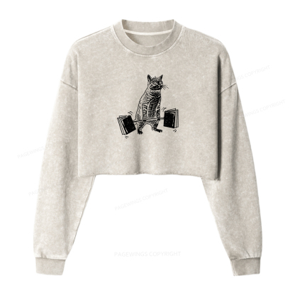 Pagewings Funny Cat Love Books Women Washed Crop Sweatshirt