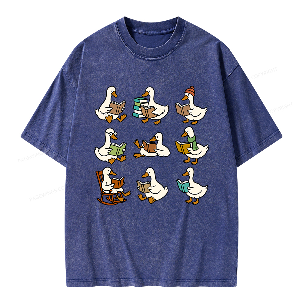 Pagewings Cute Goose Reading Unisex Washed T-shirt