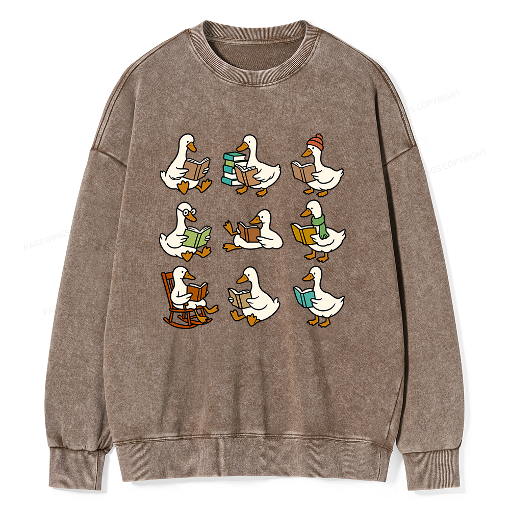 Pagewings Cute Goose Reading Unisex Washed Sweatshirt