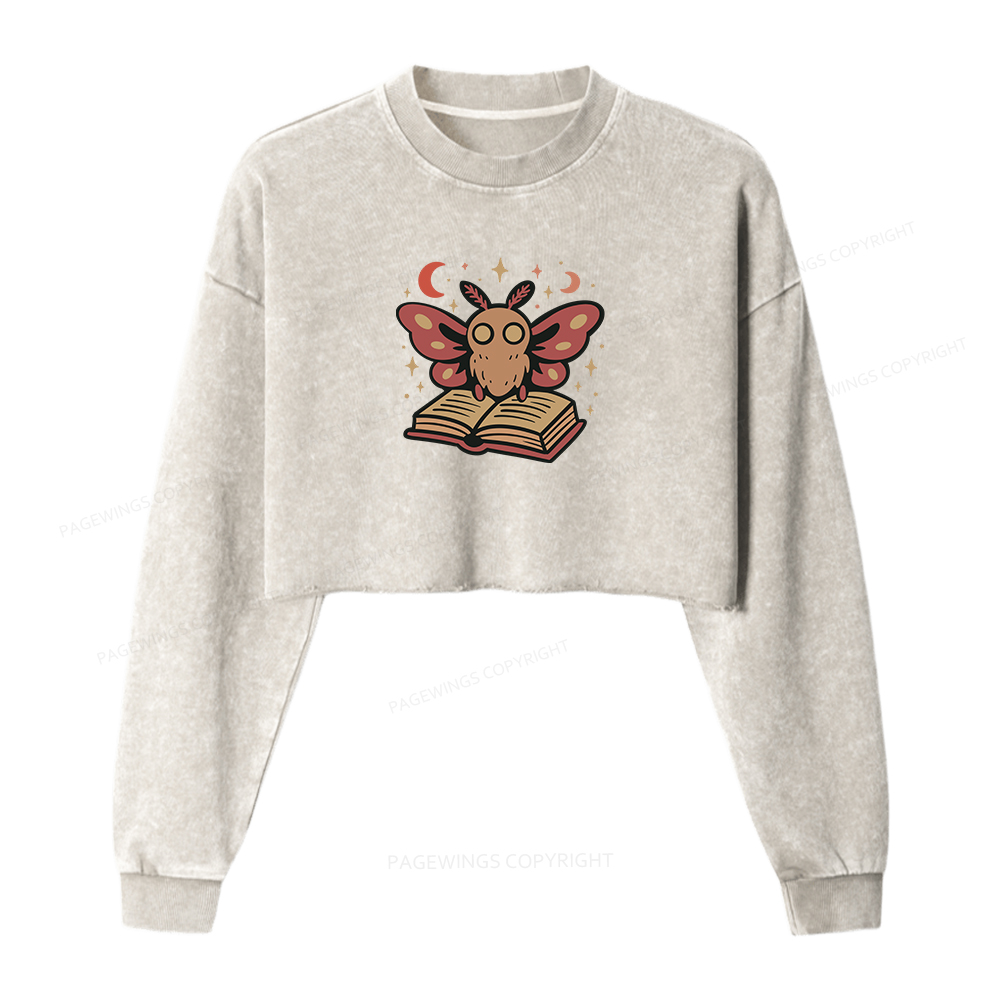 Pagewings Cute Bookish Moth Women Washed Crop Sweatshirt