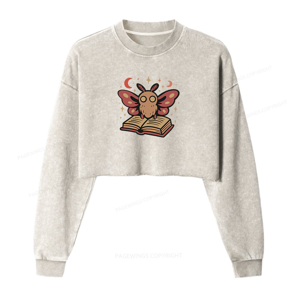 Pagewings Cute Bookish Moth Women Washed Crop Sweatshirt