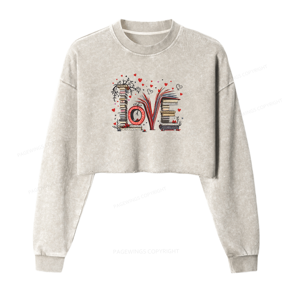 Pagewings Love Books Women Washed Crop Sweatshirt