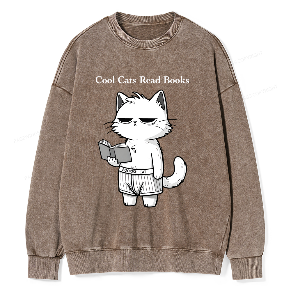 Pagewings Cool Cats Read Books Unisex Washed Sweatshirt