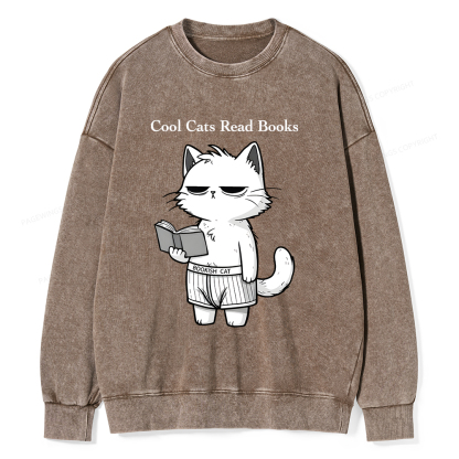 Pagewings Cool Cats Read Books Unisex Washed Sweatshirt