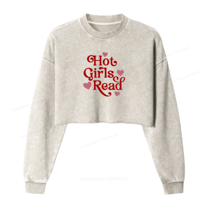 Pagewings Hot Girls Read Women Washed Crop Sweatshirt