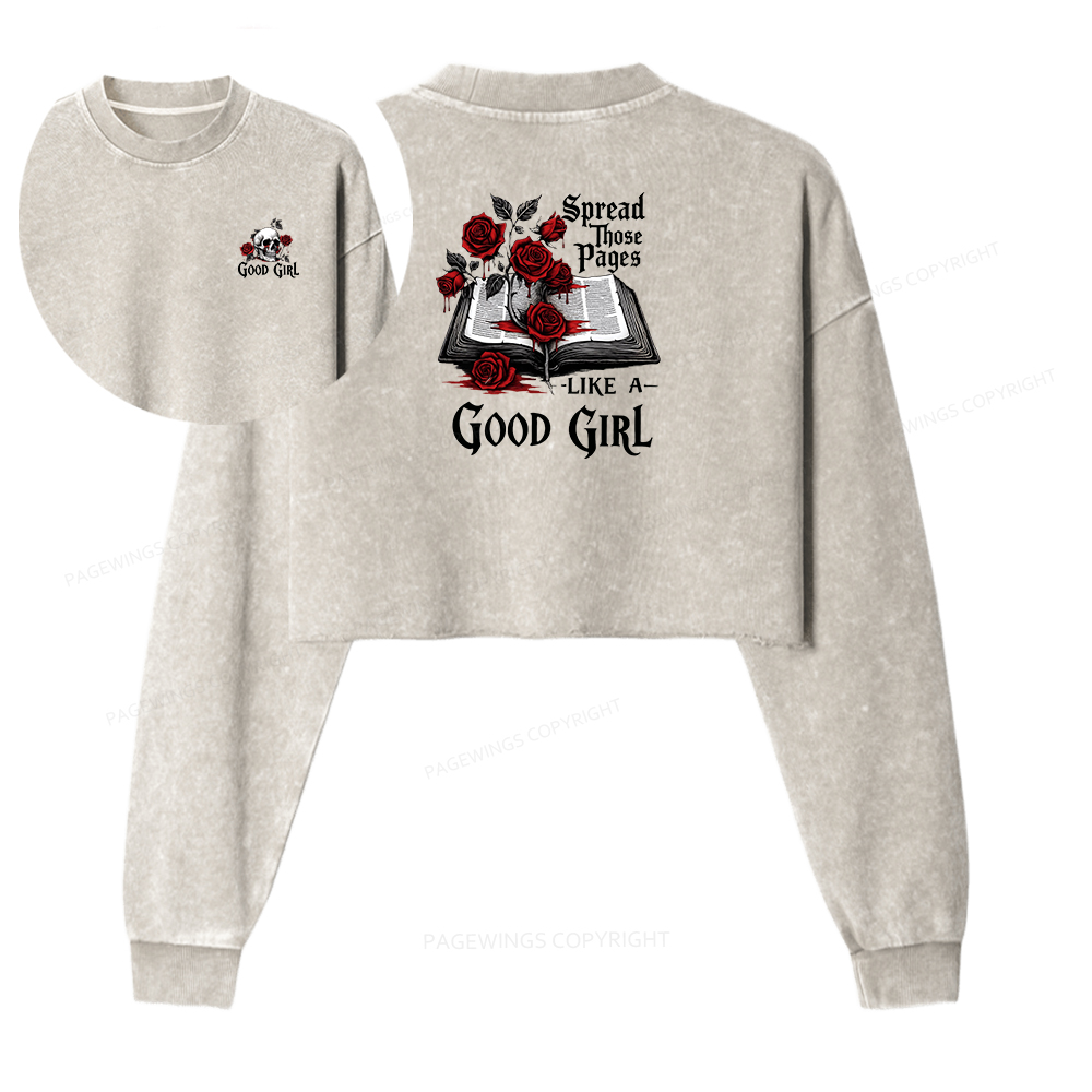 Pagewings Spread Those Pages Like a Good Girl Women Washed Crop Sweatshirt