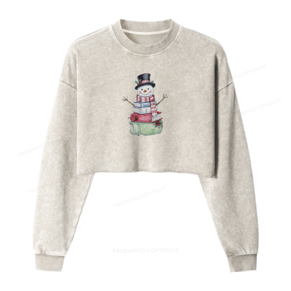 Pagewings Snowman Book Women Washed Crop Sweatshirt