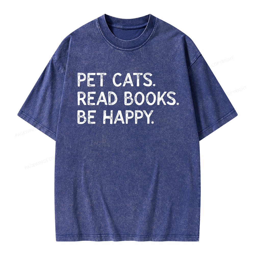 Pagewings Pet Cats Read Books Be Happy Unisex Washed T-shirt