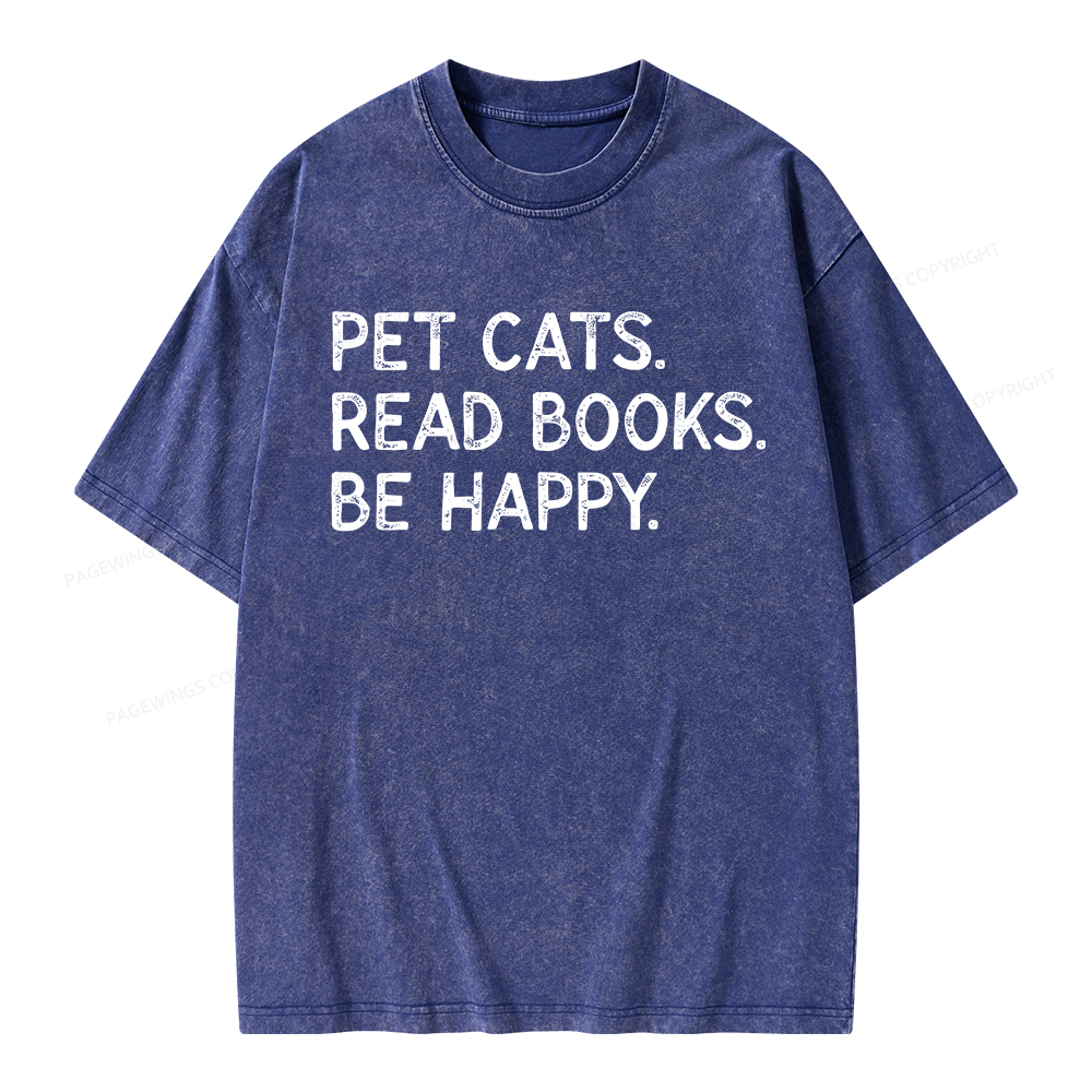 Pagewings Pet Cats Read Books Be Happy Unisex Washed T-shirt