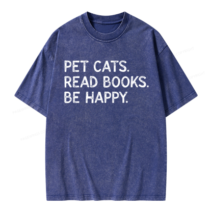 Pagewings Pet Cats Read Books Be Happy Unisex Washed T-shirt
