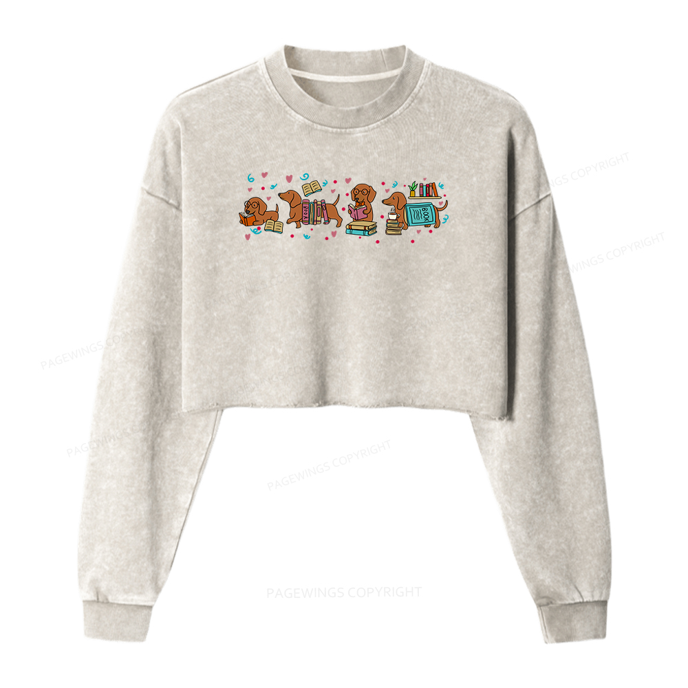 Pagewings Dachshund Book Lover  Washed Crop Sweatshirt