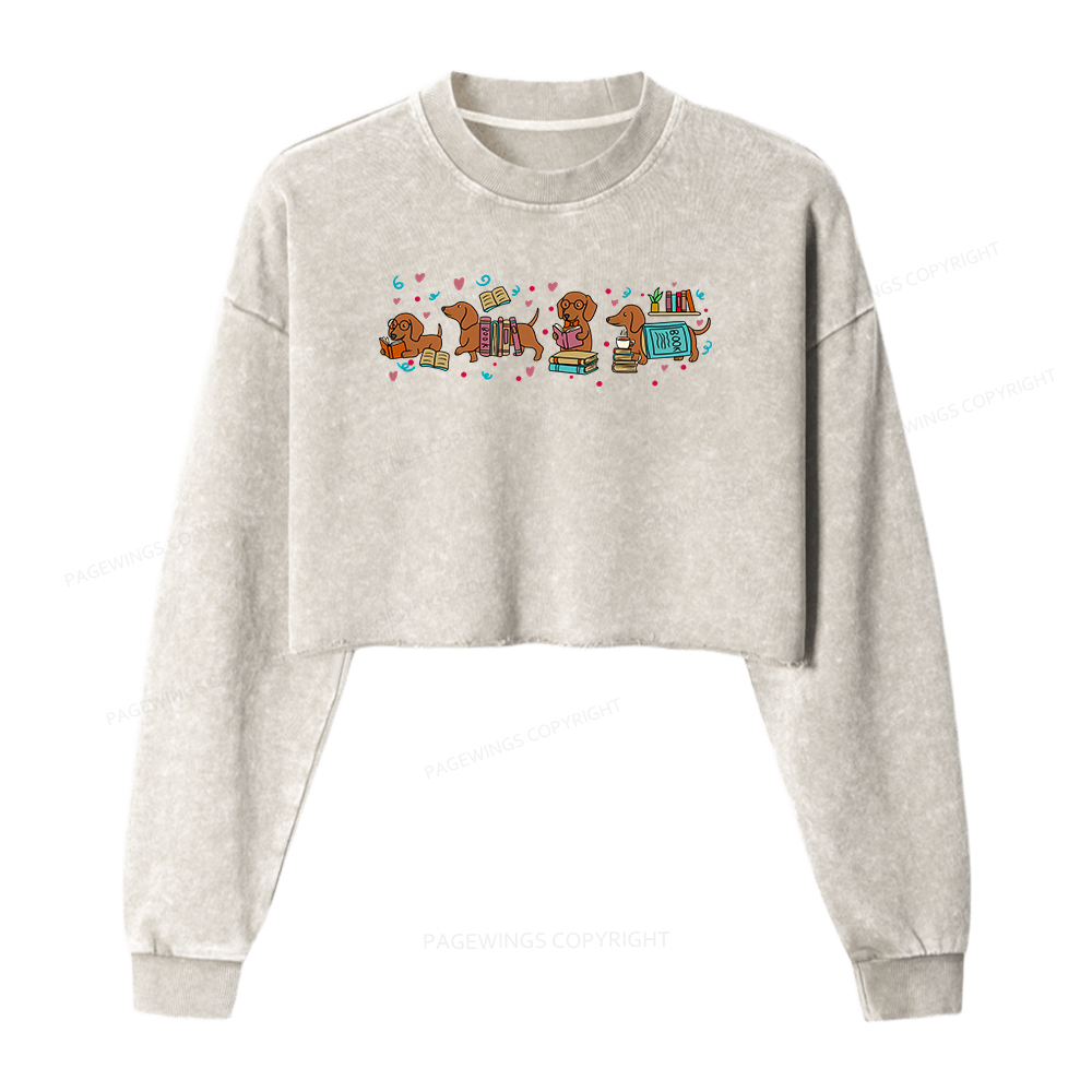 Pagewings Dachshund Book Lover  Washed Crop Sweatshirt